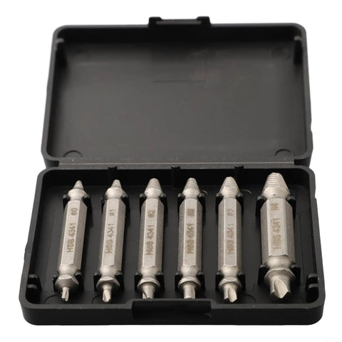 Easy Out 6 Pcs Damaged Screw Extractor Set Made From Premium High Grade Steel Reverse Drill Bits To Fix Broken Stripped Screws And Studs With Storage Case Perfect Tool Kit For Homeowners And Mechanics Looking For Quick Fixes. Six-piece steel screw extractor set in case, shown with 2mm to 12mm bits.
