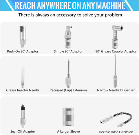 PONEYA 9-piece grease gun accessory kit with 12-inch flexible hose and assorted adapters