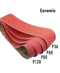 Four Piece Ceramic Sanding Belts For Heavy Duty Metal Grinding Built Tough To Blast Through Carbon Steel And Stainless Steel Includes 36 60 80 120 Grit Options In 12X24 Inch Size displayed with grit labels P36 P60 P80 P120.