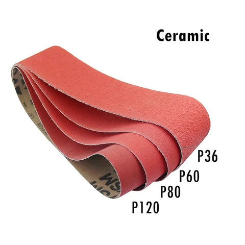 Four Piece Ceramic Sanding Belts For Heavy Duty Metal Grinding Built Tough To Blast Through Carbon Steel And Stainless Steel Includes 36 60 80 120 Grit Options In 12X24 Inch Size displayed with grit labels P36 P60 P80 P120.