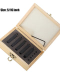 Five carbide turning tool blades in a wooden box with foam insert; size 5/16 inch.