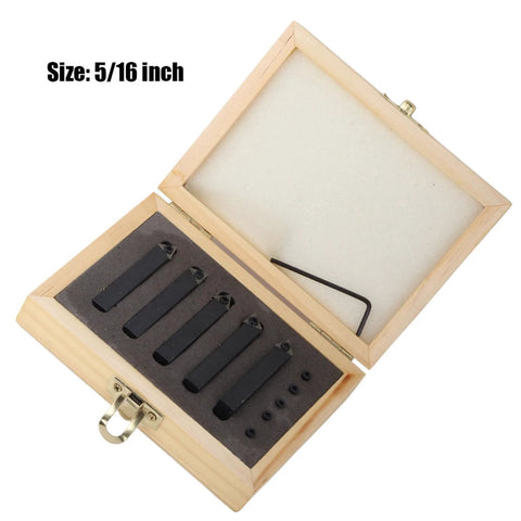 Five-piece carbide turning tool indexable set with 5/16 inch shanks in a hardwood storage box