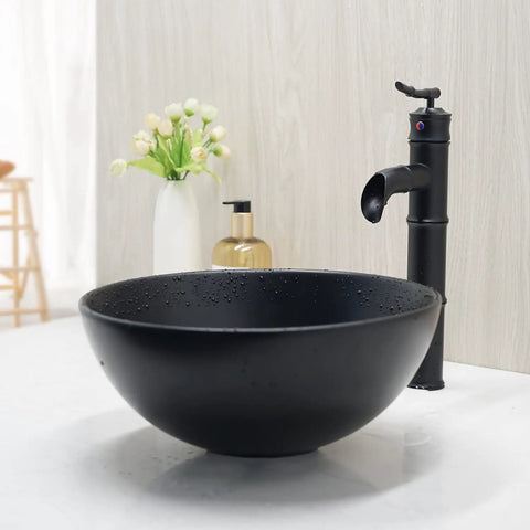 Matte Black Ceramic Vessel Sink With Deck Mounted Waterfall Faucet, Round Wash Basin, Bamboo Style Brass Mixer Tap For Modern Home Bath