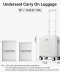 16 Inch Underseat Carry On Luggage With Spinner Wheels Hard Shell Suitcase For Airline Approved TSA Travel Gear Lightweight 29L in Smoke White, shown with size and capacity details.