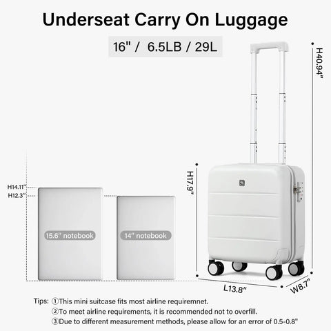 16 Inch Underseat Carry On Luggage With Spinner Wheels Hard Shell Suitcase For Airline Approved TSA Travel Gear Lightweight 29L in Smoke White, shown with size and capacity details.