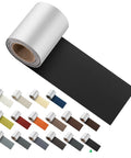 Heavy Duty Self Adhesive Leather And Vinyl Repair Tape 3X60 Inch For Couches Sofas And Cars With Solid Grip And Quick No Sweat Fixes For Home Or Auto Interiors In Dark Black roll with synthetic leather patch samples.