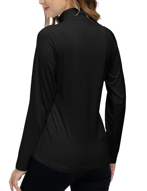 Back view of Women Long Sleeve Golf Polo Shirt Quarter Zip Stand Collar Pullover With Thermal Lining For Cold Weather Athletic Workout Top