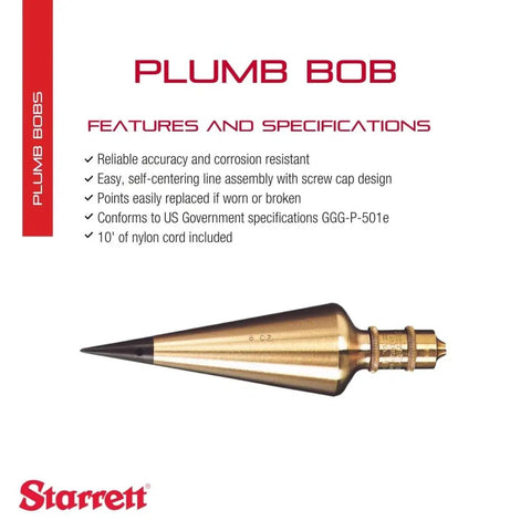 Pro Grade Brass Plumb Bob With Corrosion Resistant Build, 10 Ft Nylon Cord, Replaceable Hardened Steel Weights, 8 Oz Weight, PBB-8