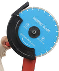 Badass 3000W 14 Inch Electric Concrete Saw With Built In Water Pump showing diamond blade close-up view for cutting materials.