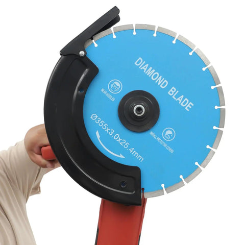 Badass 3000W 14 Inch Electric Concrete Saw With Built In Water Pump showing diamond blade close-up view for cutting materials.