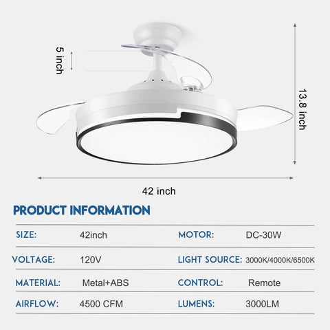 Retractable 42 Inch Smart Ceiling Fan with Light, Remote, App and Alexa Control, showing size and specifications chart.