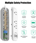 Three Outlet Power Strip With Two USB Ports 2.4A Total White 6 Foot Cord 1250W 10A Surge Protector 300 Joules Wall Mountable For Home Office SGS Listed Space Saving Dope Setup safety features diagram