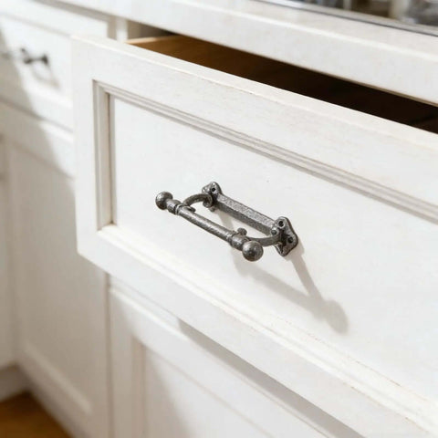 Cast Iron Barn Door Handle 2 Pack Rustic Vintage Style Gate Fence Outdoor Garage Closet Drawer Cabinet Pulls installed on white drawer