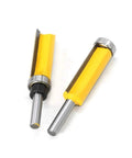 Straight Up Pro Grade Eight Millimeter Flush Trim Pattern Router Bit Featuring Dual Bearings And Kickback Resistant Build For Flawless Wood And Laminate Projects close-up showing steel bits and yellow coating.