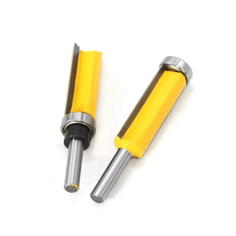 Straight Up Pro Grade Eight Millimeter Flush Trim Pattern Router Bit Featuring Dual Bearings And Kickback Resistant Build For Flawless Wood And Laminate Projects close-up showing steel bits and yellow coating.