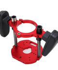 Shop Ready Rock Solid Aluminum Router Lift System With Precision Table Insert Plate And Stainless Rods For Accurate Hole Positioning showing detailed red aluminum lift assembly.
