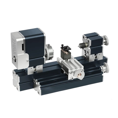 Zhrui 36W Mini Metal Lathe 50mm Center Height High Speed Up To 20000 Rpm with detailed components and clamps for precise machining.