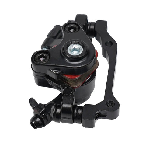 Close-up of dual piston caliper from Rock Solid Mechanical Disc Brake Set With Dual Piston Calipers And Six Bolt Rotor.