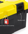 Close-up of a black and yellow lockable design on a 16 Inch Plastic Toolbox With Handle Portable Toolbox With Removable Tray And Lockable Design Built Tough For Home Workshop Or Garage With Small Parts Box In Black And Yellow, showing sturdy lock and padlock hole for extra locking.