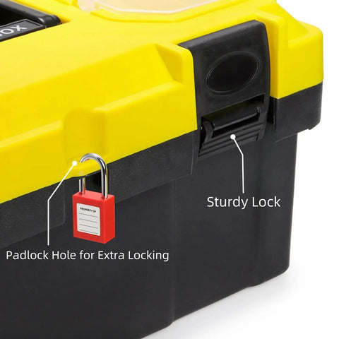 Close-up of a black and yellow lockable design on a 16 Inch Plastic Toolbox With Handle Portable Toolbox With Removable Tray And Lockable Design Built Tough For Home Workshop Or Garage With Small Parts Box In Black And Yellow, showing sturdy lock and padlock hole for extra locking.