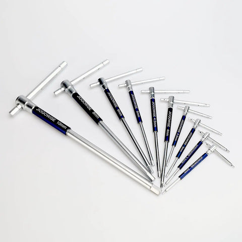 10 Piece Metric 3 Way T Type Hex Wrench Set With Sliding Top And Detent Ball Lock Converts To L Shape For Maximum Leverage