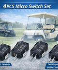 No Sweat Setup 4 Piece Golf Cart Micro Switch Kit 2 Pin And 3 Pin Terminals in front of golf carts, shows electrical components.