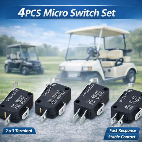 No Sweat Setup 4 Piece Golf Cart Micro Switch Kit 2 Pin And 3 Pin Terminals in front of golf carts, shows electrical components.