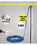 Featherweight Submersible Utility Pump With Half Horsepower Motor And Stainless Steel Build No Sweat Portable Drain Transfer Kit for deep wells with blue cable.