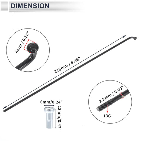 Universal Bicycle Spokes Set 13G 215Mm Length With Nipples Black 36 Pieces diagram showing dimensions and thread size