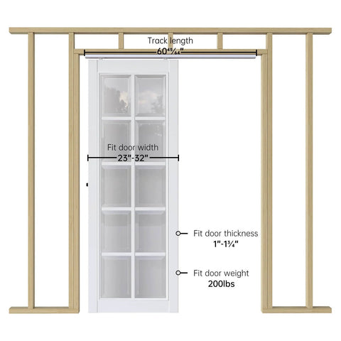 Five Point Three Foot Sliding Pocket Door Hardware Kit for 23-32 inch single doors, aluminum track system, door not included.