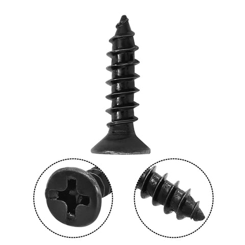 Premium Black Flat Head Phillips Wood Screws, 100 Pack Carbon Steel Fasteners, Size 8 By Five Eighth Inch viewed from multiple angles.