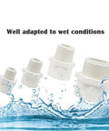 10 Pack One Half Inch PVC Male Thread Pipe Fittings White Two Way Coupling Adapters For Schedule 40 PVC Plumbing shown above water splash
