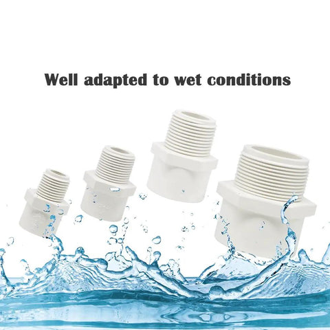 10 Pack One Half Inch PVC Male Thread Pipe Fittings White Two Way Coupling Adapters For Schedule 40 PVC Plumbing shown above water splash