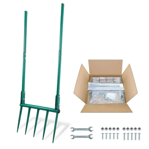 Beefy Five Tine Broad Fork Garden Tool With Extra Long 11.8 Inch Tines, green handle, assembly kit, and box