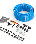 Leak Proof Shop And Garage Ready Air Piping Kit 3/4 Inch By 100 Foot HDPE Aluminum Air Line System For Air Compressors 200 PSI Easy To Install Flexible Piping ASTM F1282 Blue with accessories.