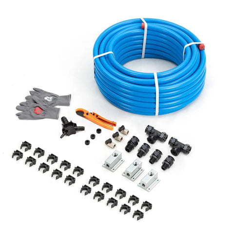 Leak Proof Shop And Garage Ready Air Piping Kit 3/4 Inch By 100 Foot HDPE Aluminum Air Line System For Air Compressors 200 PSI Easy To Install Flexible Piping ASTM F1282 Blue with accessories.