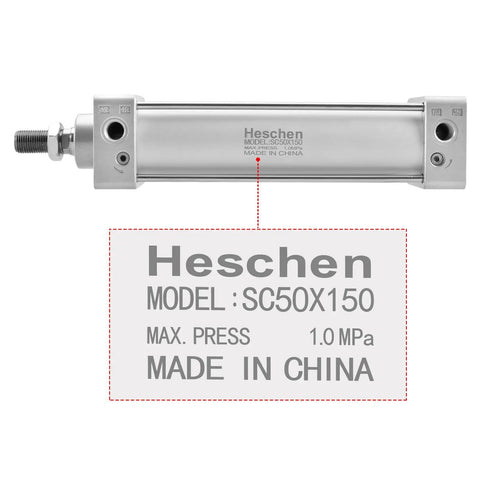 Standard Pneumatic Cylinder SC 50-150 With Port Size PT Quarter Inch, 50mm Bore, silver finish, product label close-up