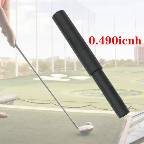 2 Pack Graphite Golf Club Extender Shaft With Carbon Fiber Build 0.49 Inch Small End And 0.595 Inch Thick End 3 Inch Overall Length Fits Putter Iron And Other Golf Club Bodies For Easy Length Boost, overlay on golf range background.