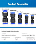 Solid Set Of 80 Pneumatic Straight Push To Connect Fittings Assortment Kit Featuring Quick Connect Air Hose Adapters In 4mm 6mm 8mm 10mm And 12mm Sizes Perfect For Fast Tool-Free Installations On Any Compressor Job. Product parameter chart showing black push-to-connect fittings for pneumatic tube/nylon tube, 4mm to 12mm.