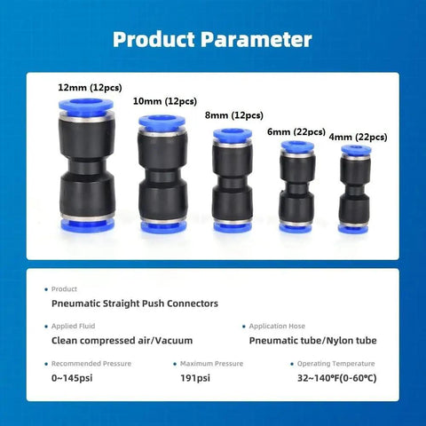 Solid Set Of 80 Pneumatic Straight Push To Connect Fittings Assortment Kit Featuring Quick Connect Air Hose Adapters In 4mm 6mm 8mm 10mm And 12mm Sizes Perfect For Fast Tool-Free Installations On Any Compressor Job. Product parameter chart showing black push-to-connect fittings for pneumatic tube/nylon tube, 4mm to 12mm.
