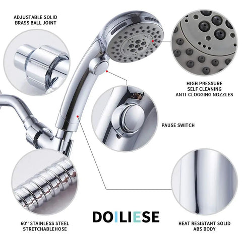 High Pressure Handheld Shower Head With 6 Settings Including Rain Massage Spa Spray Mode And Pause Mode On Off Switch 60 Inch Hose
