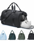 Gym Travel Duffle Bag For Women And Men, Lightweight Carry On Size 18x14x8, shown with shoe compartment open, in four colors