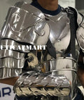 Close-up of Handmade Lady Armor Set With Kickass Steel Cuirass Breastplate Tassets Belt Arm And Leg Armor And Pauldrons for LARP.