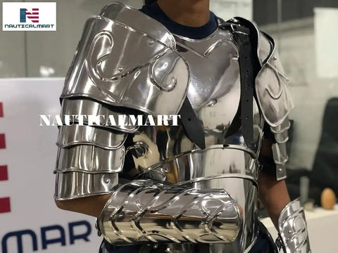 Close-up of Handmade Lady Armor Set With Kickass Steel Cuirass Breastplate Tassets Belt Arm And Leg Armor And Pauldrons for LARP.