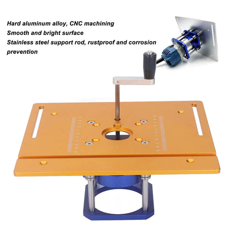 Kickass Aluminum Router Table Insert Plate With Inverted Lifting Base For Shop Benches, hard aluminum, CNC machined, smooth surface.