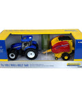 New Holland T6 180 1 32 Scale Die Cast Tractor With Roll Belt 560 Round Baler Set in packaging