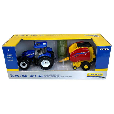New Holland T6 180 1 32 Scale Die Cast Tractor With Roll Belt 560 Round Baler Set in packaging