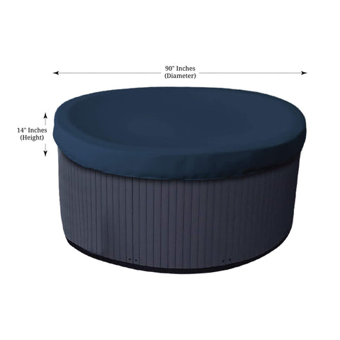 Round Hot Tub Cover For 90 Inch Spa, Waterproof UV Resistant Outdoor Protector With Elastic Hem, shown covering a hot tub.