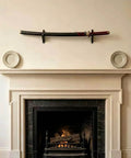 Dope Velvet Padded Sword Wall Mount Hanger For Katana Wakizashi Tanto Genji Daggers And Swords Adjustable 1.38 Inch displayed over fireplace