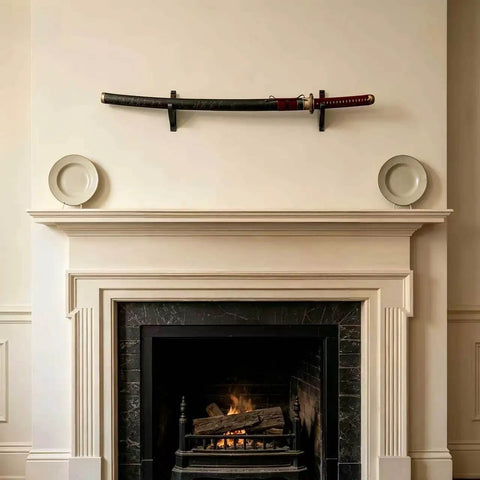 Dope Velvet Padded Sword Wall Mount Hanger For Katana Wakizashi Tanto Genji Daggers And Swords Adjustable 1.38 Inch displayed over fireplace